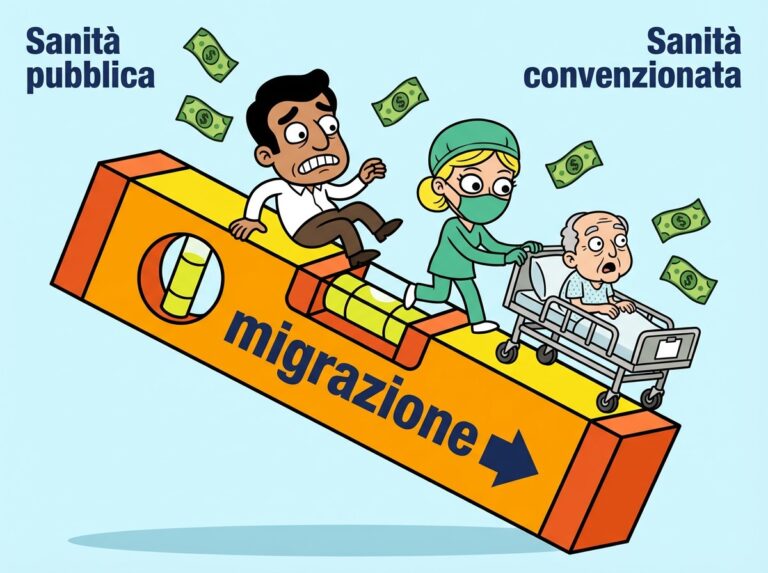 Immagine rappresenta una livella a bolla sulla quale pazienti, soldi e dottori si spostano dalla sanità pubblica a a quella convenzionata. Rappresenta la migrazione sanitaria che, in Italia, favorisce più il privato che il pubblico